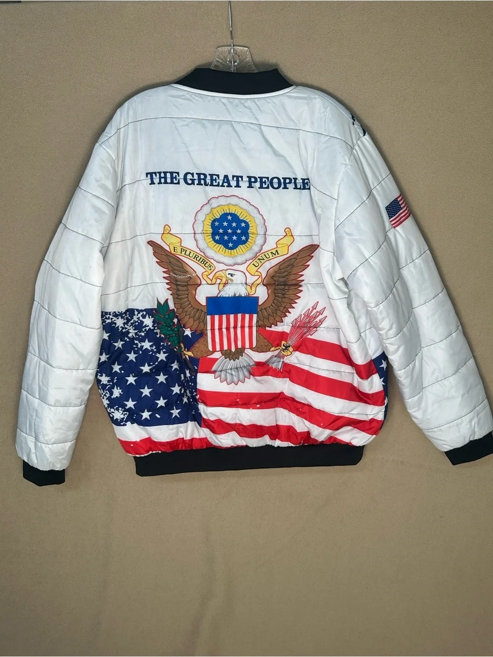 XL puffer quilted bomber jacket celebrating 250 USA Patriotic graphic design.